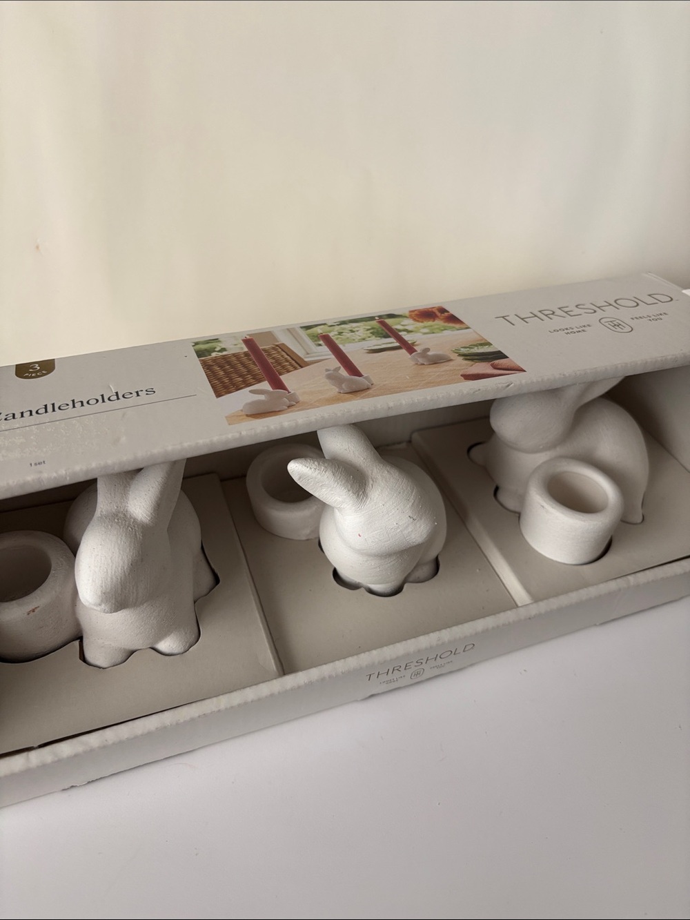 Threshold White Ceramic Bunny taper candleholders Holders (Set of 3) New